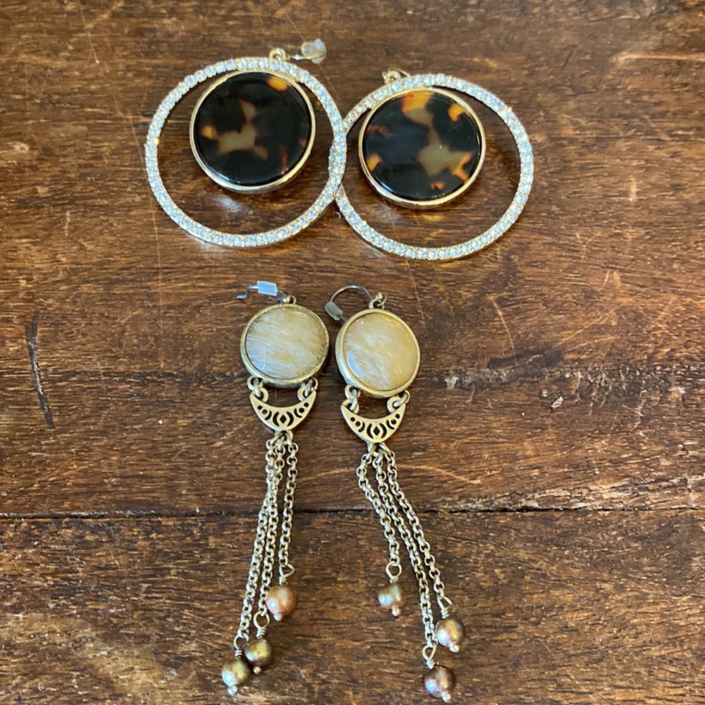 Beautiful Rhinestone And Tortoise Shell Look Earrings & Golden Dangle Earrings.
